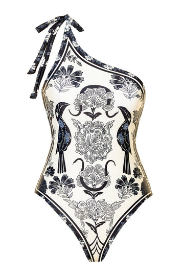 Black White Print One Shoulder Beach Swimsuit with Cover Up